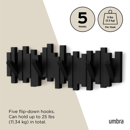 Umbra Sticks Wall-Mounted Coat Rack Rail Hook with 5 Retractable Pegs – Modern, Space-Saving Storage Organizer, Black