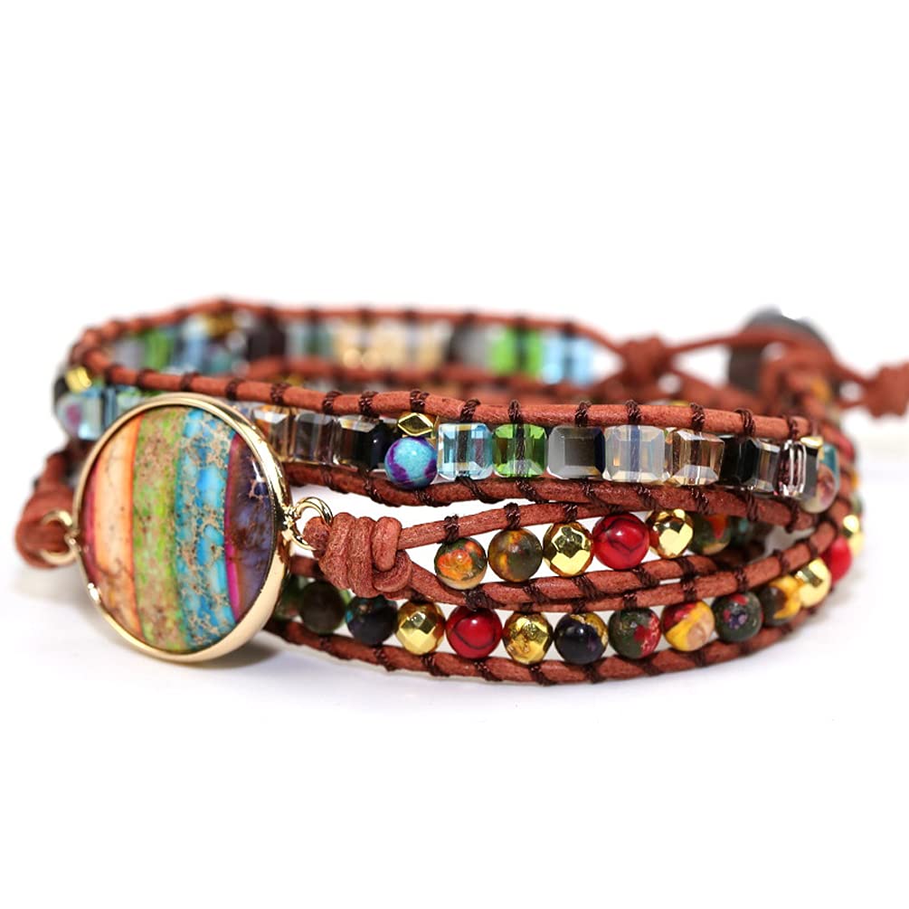 ZOSOJONA Women Wrap Bracelet Boho Natural Jasper Crystal Stone Beads Strand Bracelets (Colored Agate)