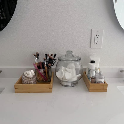 Natural Bamboo Vanity Organizer Set - Wooden Bathroom/Kitchen Countertop Tray, Set of 3