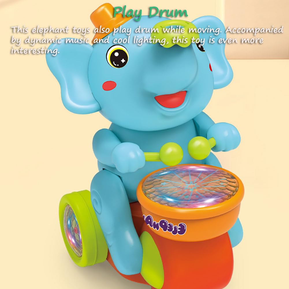 Miracland Drumming Elephant Car Toy, Multifunctional Musical Toy with Blow Floating Ball and Tricycle, Lights and Music, 2 Foam Balls (Blue)