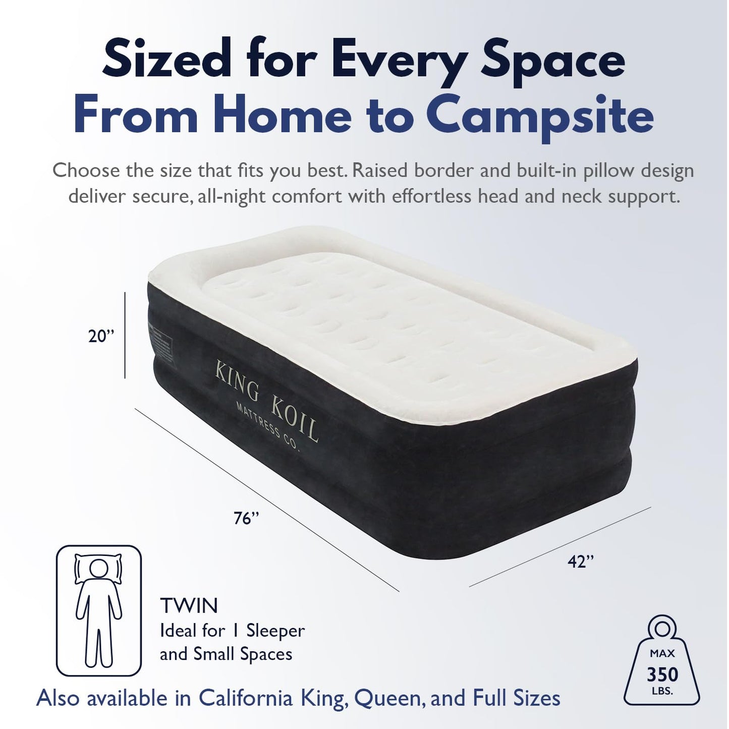 King Koil Luxury Twin Air Mattress with Built in Pump, 20” Double High Twin Size Premium Airbed, Inflatable Blow Up Mattress, Waterproof, 1-Year Warranty