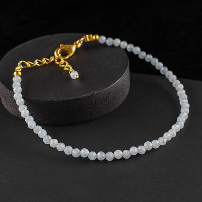 Natural Blue Aquamarine Gemstone Micro Beads Dainty Bracelet Jewelry for Women, March Birthstone, Chakra Energy Crystals, 14k Gold Plated Chain 8 inch Adjustable