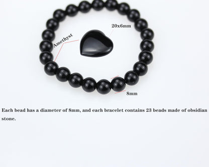 SAFEINA Obsidian Healing Crystal Stretch Bracelet for Women Men's Gifts, 8mm Stackable Beaded Bracelets with Heart Stones Set Stress Relief Yoga Reiki Gems Healing Crystals Inspirational