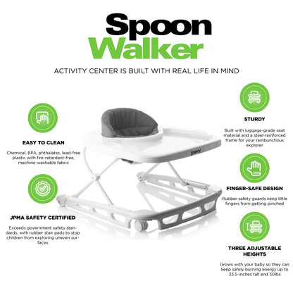 Joovy Spoon Baby Walker & Activity Center Featuring Three Adjustable Heights, Extra-Large Tray, and 30 lb Weight Capacity - JPMA Safety Certified, Charcoal