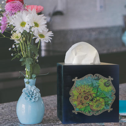 TAIANLE. Rustic Wooden Tissue Box Cover Square, Floral Sunflower Model Facial Tissue Holder, Wood Flower Box Cover Square Cube for Bathroom Bedroom Dinner Decro