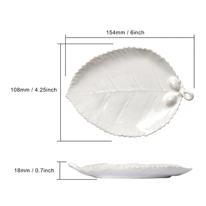 Ceramic Jewelry Dish, Decorative Tray for Rings Earrings Necklaces Bracelet Watch Keys, 4.50" Trinket Tray as Gifts for Women (White Leaf)