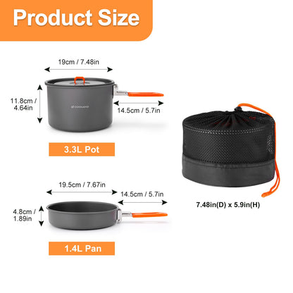 Odoland Camping Cookware Mess Kit - Non-Stick Lightweight Camping Pot and Fry Pan Set with Mesh Bag for Backpacking, Outdoor Cooking and Picnic, for 3-4 People
