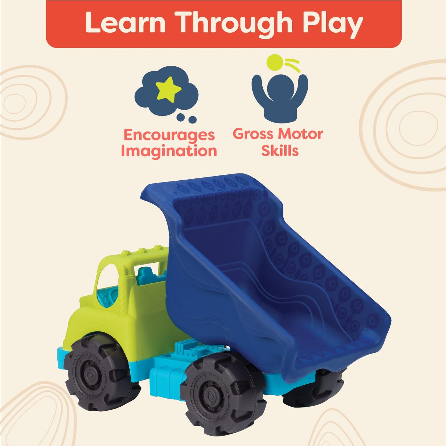 B. toys – Colossal Cruiser 20-Inch Sand Truck Water & Sand Playset – Beach Dump Truck for Kids Durable – Outdoor Toy Vehicle with Realistic Design Perfect for Beach Fun and Creative Play 18+ Months