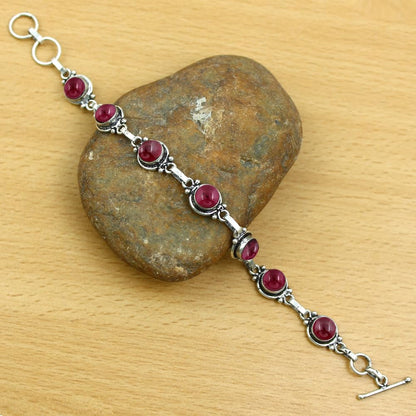 Natural Garnet 925 Silver Plated Vintage Style Bracelet for Women - Red Stone January Birthstone Handmade Adjustable Link Bracelet - Valentine's Day Gifts for Her