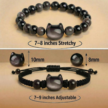 Black Obsidian Cat Bracelet and Moon Pendant Necklace Jewelry Set-Cat Lover Gifts,Wealth Attraction,Good Luck,Bead Bracelet,Mindfulness,Beaded Bracelets, Obsidian Pendant Necklace-Cute Gifts for Women (Black-Bead Cat Face-Strand Cat Face)