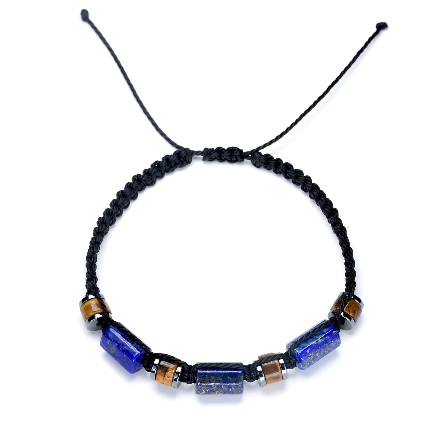 Senxilk Lapis Lazuli & Tiger's Eye Adjustable Bracelet for Men - Natural Stone Beaded Black Cord Jewelry Gifts for Him, Son, Teens | Birthday Father's Day Christmas