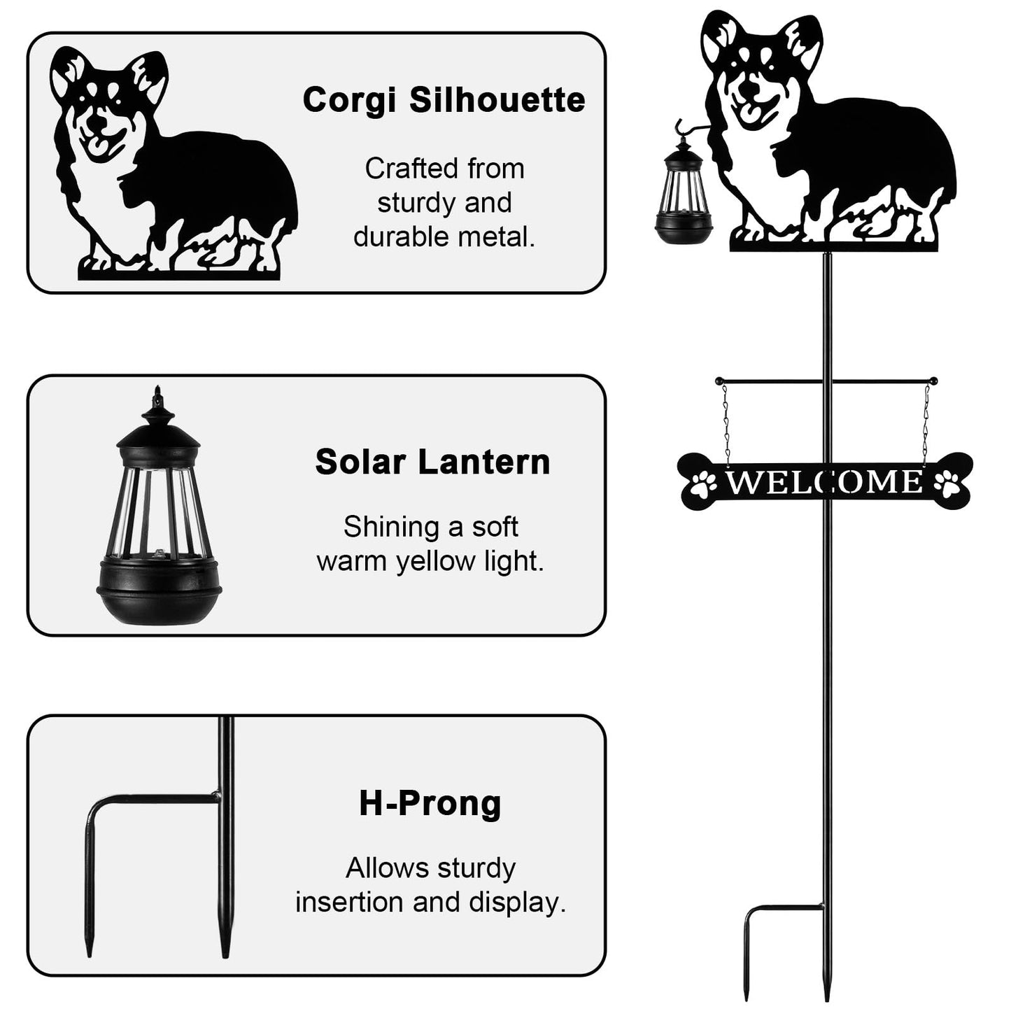 ANGELLOONG 51" Solar Corgi Silhouette Dog Welcome Sign with Lantern, Outdoor Decorative Corgi Gifts for Garden Yard Lawn Patio Pathway