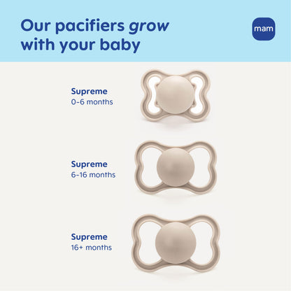 MAM Supreme Baby Pacifier, Newborns 0-6 Months, Developed with Orthodontists, Extra Air Flow for Sensitive Skin, Glows in The Dark, BPA-Free Silicone, Sterilizer Case, Pack of 2, Made in Europe
