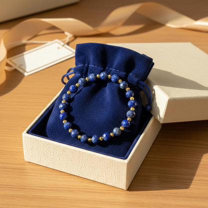 Lapis Lazuli Faceted Bracelet with 18K Gold-Tone Spacer Beads – 6mm 64-Cut Natural Blue Gemstone | Sparkling Healing Crystal Jewelry for Women | Elegant Handmade Stretch Bracelet Gift with Velvet Pouch(6mm 64-Facet Sparkle)