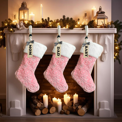 AOGU 3Pack 19 Inch Sequin Faux Fur Christmas Stockings Sequin Snowflake Hanging Ornaments Candy Gift Bags for Christmas Decorations Pink