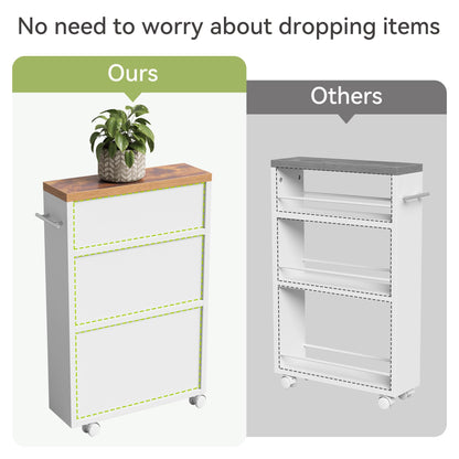 LITTLE TREE 4 Tier Rolling Cart with Wheels, 6.3 Inch Slim Storage Cart, Wooden Snack Cart with Narrow Shelf, White Laundry Room and Bathroom Organizer Shelves