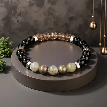 TUQBA Manifestation and Protection Beaded Crystal Bracelet for Men and Women Natural Stone Jewelry with Onyx, Smoky Quartz, Pyrite, Labradorite Mothers Days Gift, Christmas, Baptism, Birthday