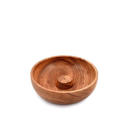 Samhita Acacia Wood Round Incense Stick Holder,Incense Burner, Ash Cather and Aromatherapy Ornament Home Décor (5" x 5" x 1.5")