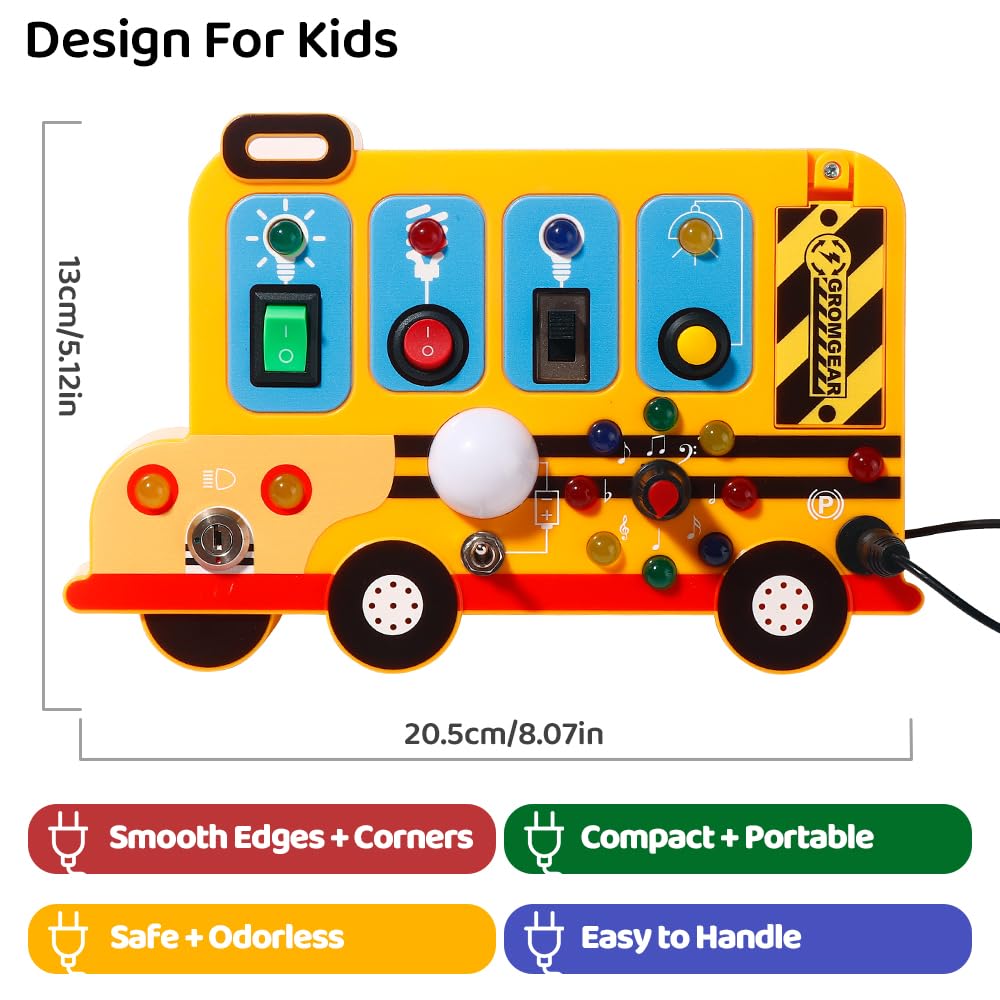 Montessori Board Sensory Toys for Children with LED Light switches, School Bus Shape，Baby fidgeting Board Travel Toys for More Than 18 Months, 18M+Boys and Girls Toddler Toys Gifts,Switch Toy