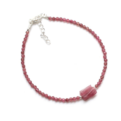 Gempires Pink Tourmaline Beads With Raw Beaded Bracelet October Birthstone Crystal Jewelry With 7 + 1 Inch Adjustable Hypoallergenic Chain