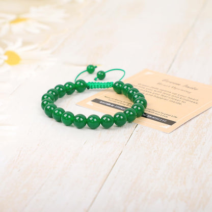 AD Beads 8mm Green Jade Bracelet - Stone of Heart Opening - Handmade Natural Stone Crystal Bracelet with Adjustable Macrame String - Yoga Healing Power Energy Gifts for Men and Women