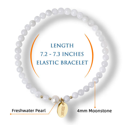 Morchic 4mm Natural Moonstone Gemstone Beads Stretch Bracelet for Women, With Freshwater Pearls, Energy Gem Birthday Gift for Her 7.2”