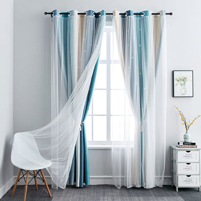 FANLI Ombre Rainbow Blackout Curtains for Kid Girls Bedroom Living Room Darking Stripe Double Layer Star Cut Out Wall Home Decor Gradient Grommet Window Curtains (Blue/Yellow, 52W x 63L)
