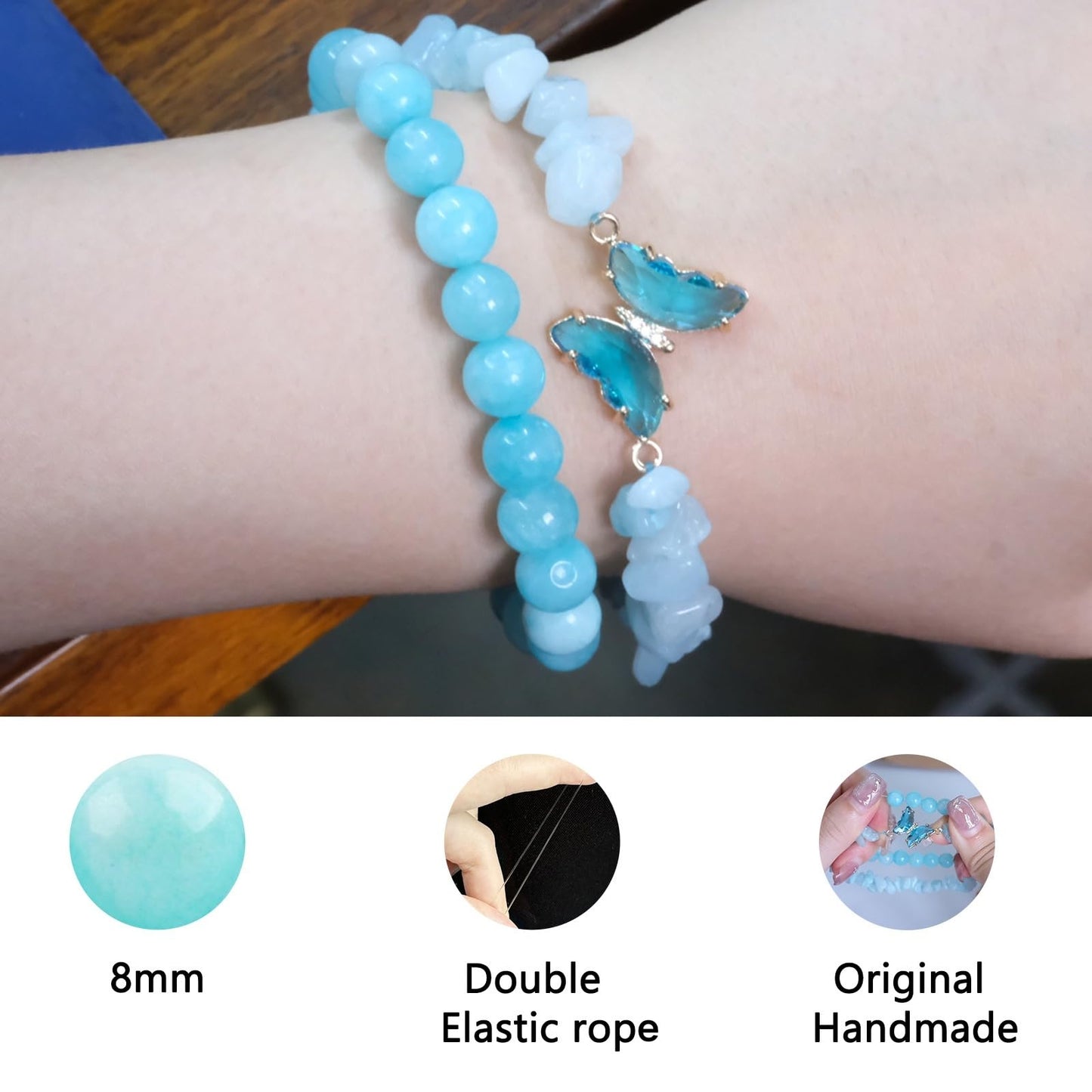 RONYOSTING Amazonite Healing Bracelet for Women - Yoga Jewelry with Butterfly Charm, Handmade Stretchy Round Beads Bracelet, Enhance Positive Energy
