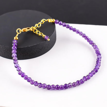 Natural Purple Amethyst Gemstone Micro Beads Dainty Bracelet Jewelry for Women, February Birthstone, Chakra Energy Crystals, 14k Gold Plated Chain 8 inch Adjustable