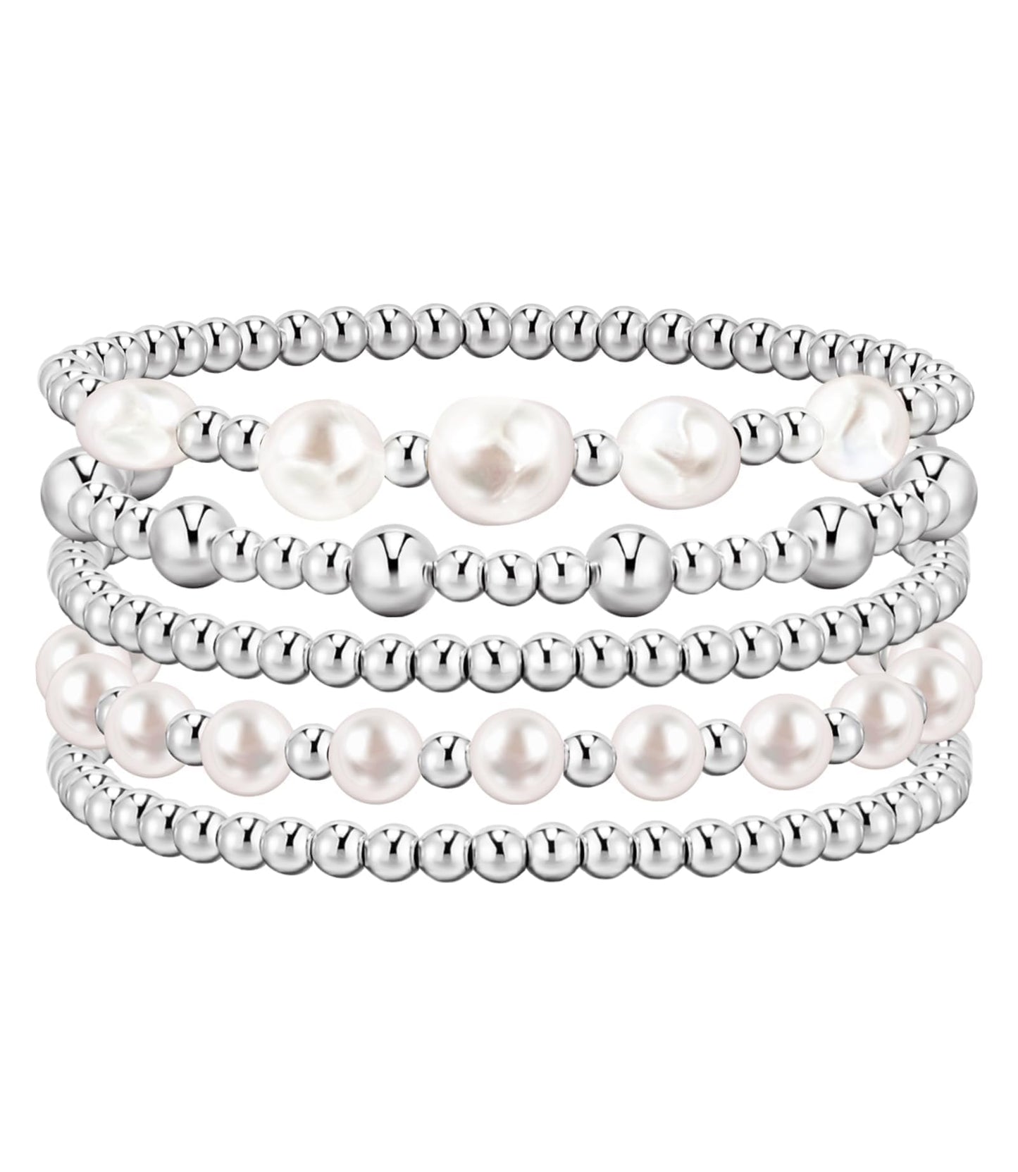 YAKEWA Gold Silver Beaded Bracelets Pack For Women, Adjustable Stretch Pearl Bead Ball Bracelet Stack Set Jewelry Small Gifts For Teen(Silver)