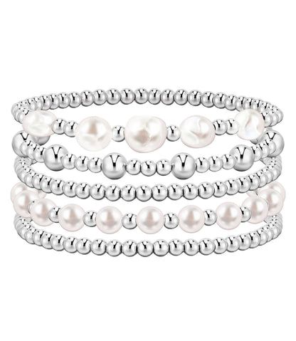 YAKEWA Gold Silver Beaded Bracelets Pack For Women, Adjustable Stretch Pearl Bead Ball Bracelet Stack Set Jewelry Small Gifts For Teen(Silver)