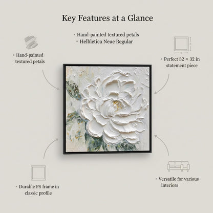 Hand Painted White Flower Oil Painting for Kitchen, Large 3D Floral Canvas Wall Art for Living Room, Framd Modern Wall Decor for Bedroom,Office Home Decor 32" x 32"