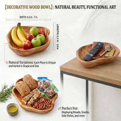 BTEOBFY Natural Wood Fruit Bowl 11-13 inch, Unique Handmade Wood Serving Platter, Wood Fruit Snack Dish for Sandwich Bread Serving, Appetizer Display, Vintage Ring Dish, Hand Carved Artworks