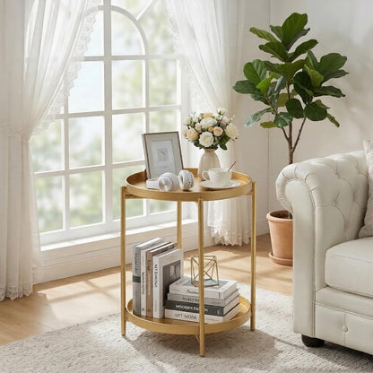 TeoKJ 2 Tier Gold Side Table, Folding Round Metal End Table Small Nightstand with Two Removable Tray for Bedroom Living Room Small Spaces Bedside Gold