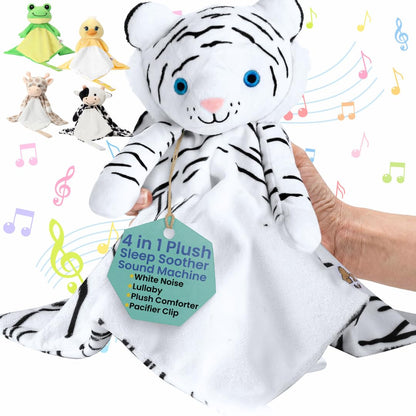 Love By Emi 4 in 1 Baby Lullaby Sleep Soother Toy - Stuffed Animal Sound Machine & Pacifier Holder | Heartbeat White Noise & Music | Plush White Tiger Lovey Sleep Aid Security Blanket (0-3 Years)