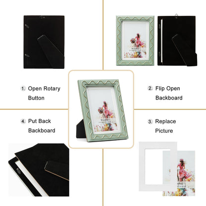 Wontree 5x7 Picture Frame, Shinning Gold Swirls Against Sage-like Green, Resin Frame with Real Glass, Display 5x7 Photos Matted to 4x6, Vertical and Horizontal Desk Tabletop or Wall Hanging
