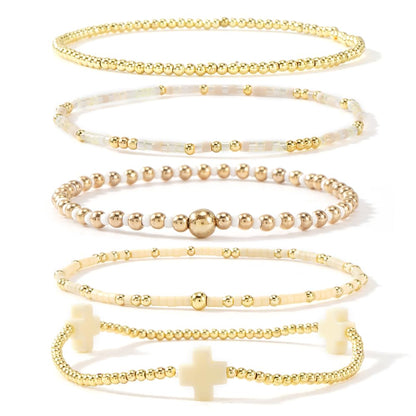 Bohxantium Gold Beaded Cross Bracelets for Women Dainty 14K Gold Plated Beads Ball Yellow Stretch Stackable Non Tarnish Bracelet Stack Boho Christian Jewelry Accessories Birthday Prom Friendship Gift
