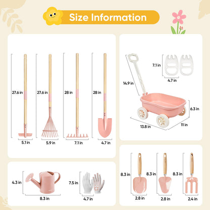 Grenebo Kids Gardening Set with Wheelbarrow, 11-Piece Outdoor Yard, Beach, STEM Garden Play Kit with Child-Sized Tools, Durable, Safe & Fun Gift Toy for Ages 2+ Kids Toddlers Boys Girls (Pink)