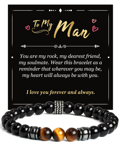 Landorilo Gifts for Men, 8mm Natural Stone Beaded Bracelets, Black Tourmaline & Tiger's Eye Healing Bracelet, Handmade Mens Jewelry Gift for Him, Husband, Son, Father, Friend(To My Son-8.3in)