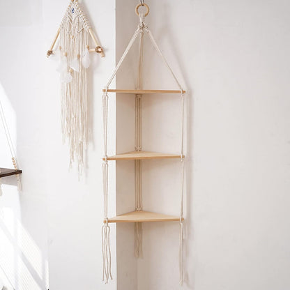 WKHOKI Hanging Shelf with Natural Wood, 3-Tier Rope Shelf | Handmade Boho Wall Decor for Floating Display, Ideal for Plants, Photos & Storage in Bathroom, Bedroom, Living Room & Nursery