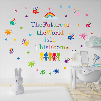 CharmFlo Inspirational Wall Decals for Kids Motivational Classroom Decor with Removable Quotes The Future of The World is in This Room Peel and Stick Wall Stickers Bedroom Nursery School Playroom