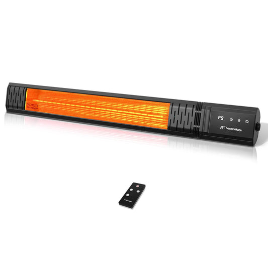 Small Outdoor Heater for Patio, thermomate 1500W IP65 Electric Infrared Heater with Low Glare Schott Glass, 9 Heating Levels & 24H Timer, Plug-in 120V Black