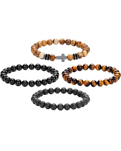 Crystery Men Beaded Bracelets, 8mm Natural Stone Bracelet, Healing Crystal, Jewelry Gifts for men, Triple Protection, Picture Stone, Tiger Eye, Black Obsidian Beads Bracelets, Lava Rock, Pack of 4
