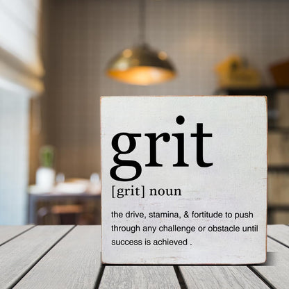 Inspirational Grit Definition Art Wooden Box Sign Grit Minimalist Desk Decorative Wooden Sign Home Office Decor for Table Shelf 5 x 5 Inches