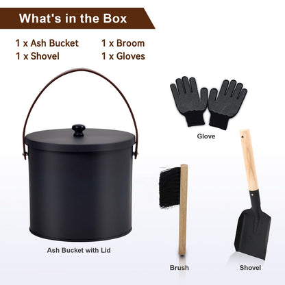 BRIAN & DANY Mini Ash Bucket with Lid and Shovel, 1.2 Gallon Fireplace Bucket with Broom, Perfect for Fireplaces, Wood Stoves