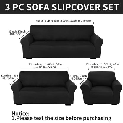 Peryiter 3 Pcs Slipcover Set for Couch Furniture Covers for Sofa Loveseat Couch Arm Chair, Form Fit Stretch, Wrinkle Free, Furniture Protector(Black,Milk Silk Spandex)