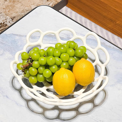 KITCISSL Fruit Bowl Ceramic Fruit Plate Living Room Household Coffee Table Decor, Coffee Table Decorative Centerpiece Candy Snacks Storage Basket Modern Creative Hollow Fruit Basket(White)