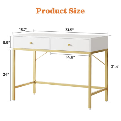 SUPERJARE 31.5" White and Gold Desk with 2 Drawers, Modern Vanity Desk, Small Makeup Table for Home Office Writing Study Bedroom