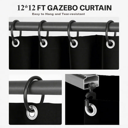 ORSMGOLF Outdoor Waterproof Gazebo Curtains - Privacy & Weather 4 - Panels Gazebo Side Wall with Zipper - Resistant Privacy Curtains Replacement for Patios/Gardens (Black, 12' x 12')