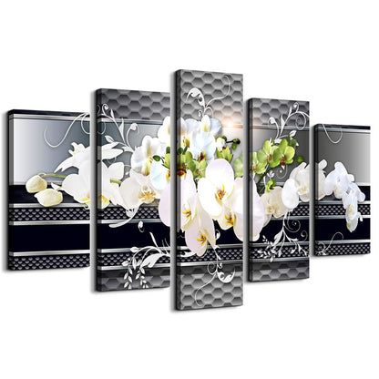 5 Piece Wall decor Canvas art for living room Picture Butterfly Orchid Flowers Contemporary Black White Abstract prints Modern Home bedroom Wall decorations inspirational wall art posters artwork